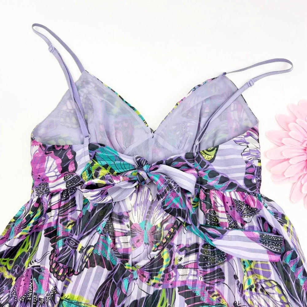 Betsey Johnson Intimates Butterfly Print Satin Chemise Slip Open Tie Back Purple